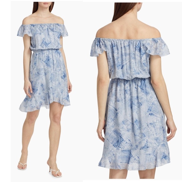 L'AGENCE Leonie Silk Off the Shoulder Denim Print Flounce Trim Mini Dress Small - Picture 3 of 13